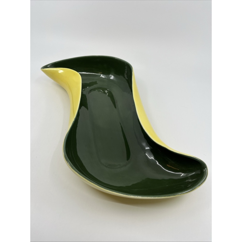 Vintage Red Wing USA 1447 Pottery Green Yellow Planter Dish Organic Shape
